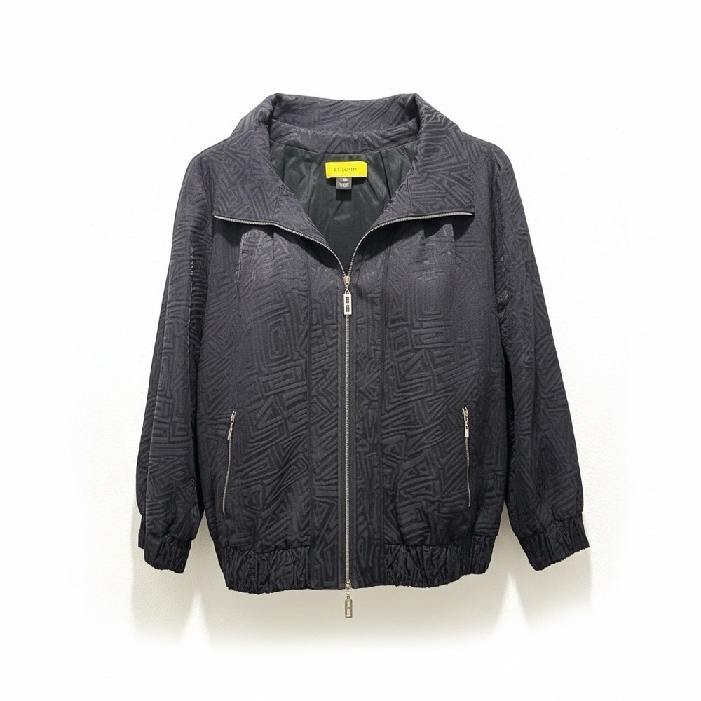 St John Sport XL Black Textured Zip Jacket Y2k Logo Pull Elastic Hem Bomber